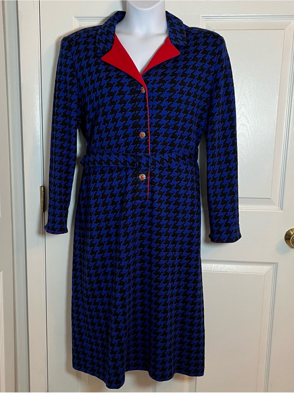 Vintage 70s Parnes Feinstein Houndstooth Midi Dress 12 14 L Retro Office Siren